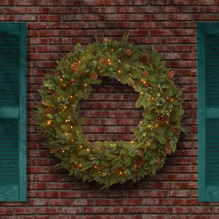 Greenery | National Tree Company Pre-Lit Artificial Christmas Wreath Green Juniper Pine White Lights Decorated with Pine Cones Christmas Collection 48 Inches F2L4F313